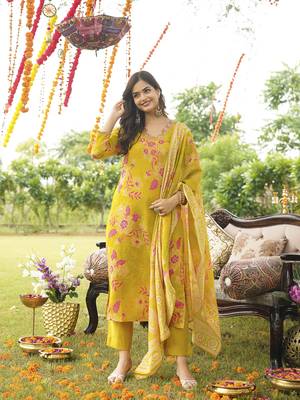 Women yellow viscose rayon floral embroidered straight kurta trousers with dupatta 5