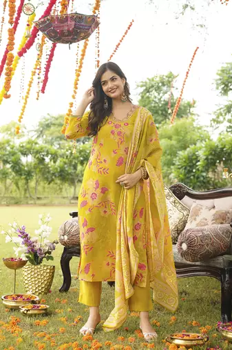 Women yellow viscose rayon floral embroidered straight kurta trousers with dupatta