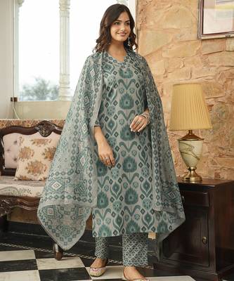 Women grey rayon blend ethnic motifs printed straight kurta trousers with dupatta 5