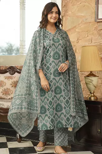 Women grey rayon blend ethnic motifs printed straight kurta trousers with dupatta