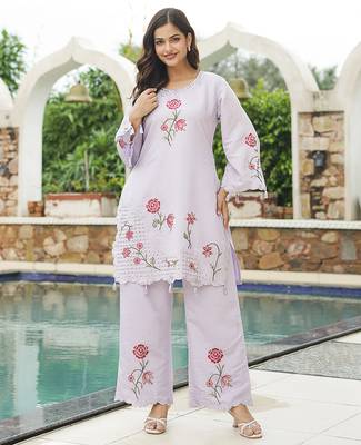 Women lavender silk blend solid embroidered coord sets 2