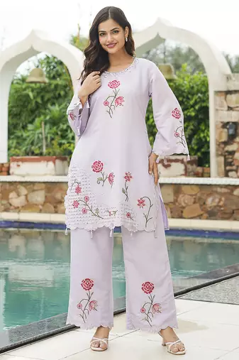 Women lavender silk blend solid embroidered coord sets