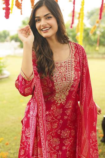 Women red viscose rayon floral embroidered straight kurta trousers with dupatta