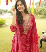 Women red viscose rayon floral embroidered straight kurta trousers with dupatta