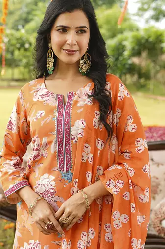Women orange rayon blend floral printed straight kurta trousers with dupatta