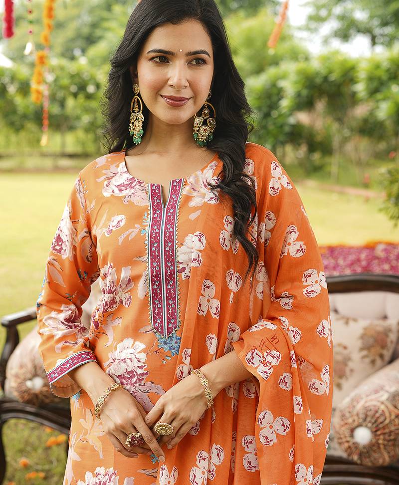Women orange rayon blend floral printed straight kurta trousers with dupatta