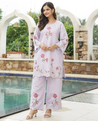 Women lavender silk blend solid embroidered coord sets 3