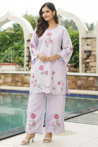 Women lavender silk blend solid embroidered coord sets