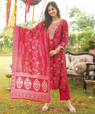 Women red viscose rayon floral embroidered straight kurta trousers with dupatta 2