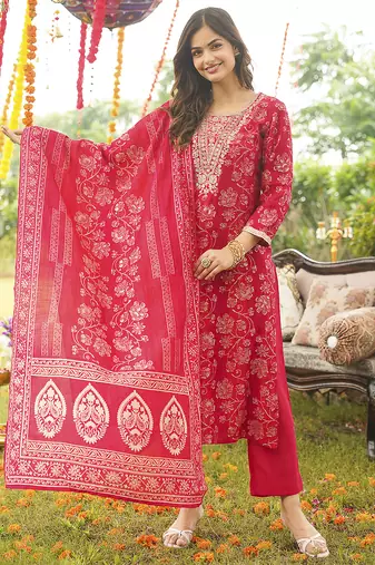 Women red viscose rayon floral embroidered straight kurta trousers with dupatta