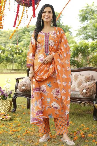 Women orange rayon blend floral printed straight kurta trousers with dupatta
