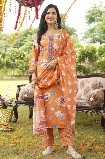 Women orange rayon blend floral printed straight kurta trousers with dupatta