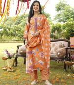 Women orange rayon blend floral printed straight kurta trousers with dupatta