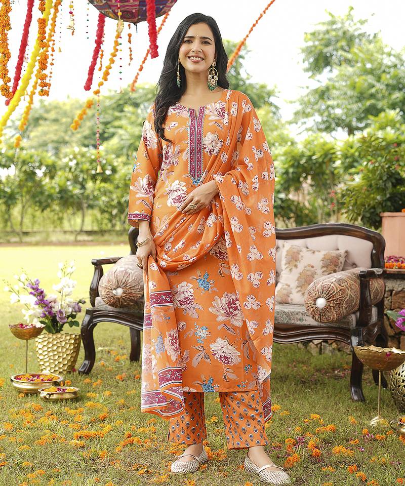 Women orange rayon blend floral printed straight kurta trousers with dupatta