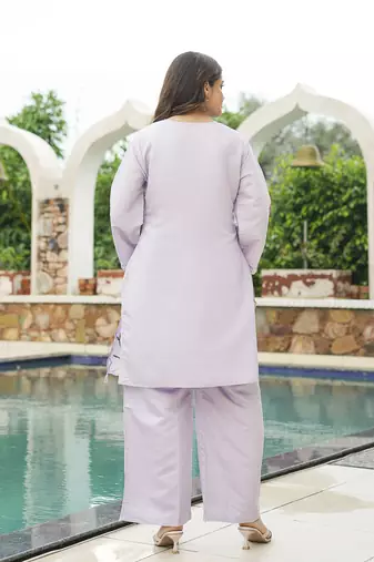 Women lavender silk blend solid embroidered coord sets