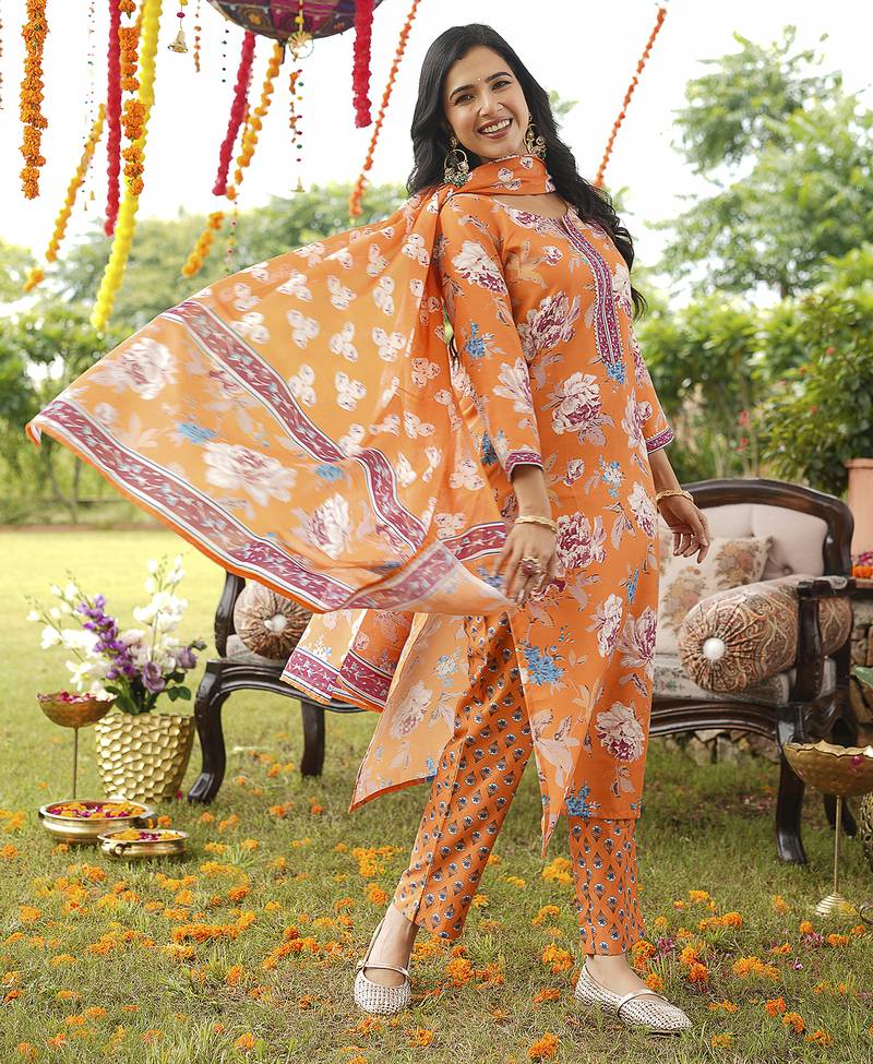 Women orange rayon blend floral printed straight kurta trousers with dupatta