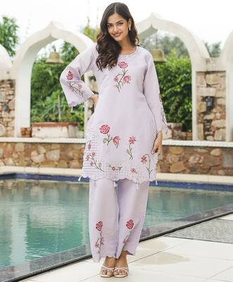Women lavender silk blend solid embroidered coord sets 5