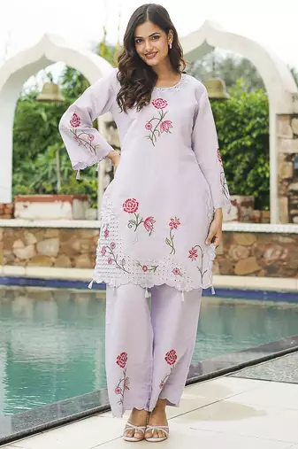 Women lavender silk blend solid embroidered coord sets