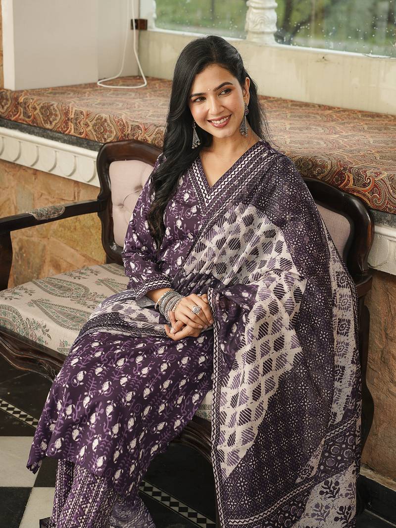 Women purple rayon blend ethnic motifs printed straight kurta trousers with dupatta