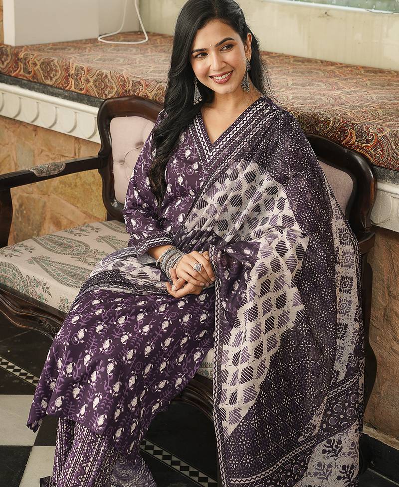 Women purple rayon blend ethnic motifs printed straight kurta trousers with dupatta