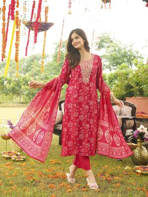 Women red viscose rayon floral embroidered straight kurta trousers with dupatta 3