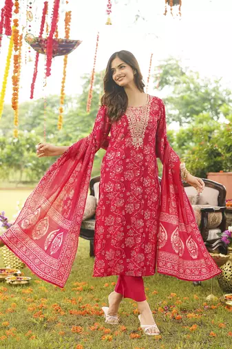 Women red viscose rayon floral embroidered straight kurta trousers with dupatta