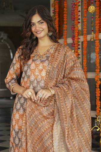 Women multicolor rayon blend ethnic motifs printed straight kurta trousers with dupatta