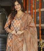 Women multicolor rayon blend ethnic motifs printed straight kurta trousers with dupatta