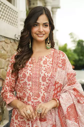 Women orange rayon blend floral printed straight kurta trousers with dupatta