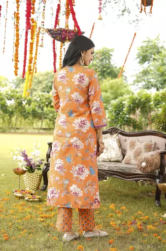 Women orange rayon blend floral printed straight kurta trousers with dupatta