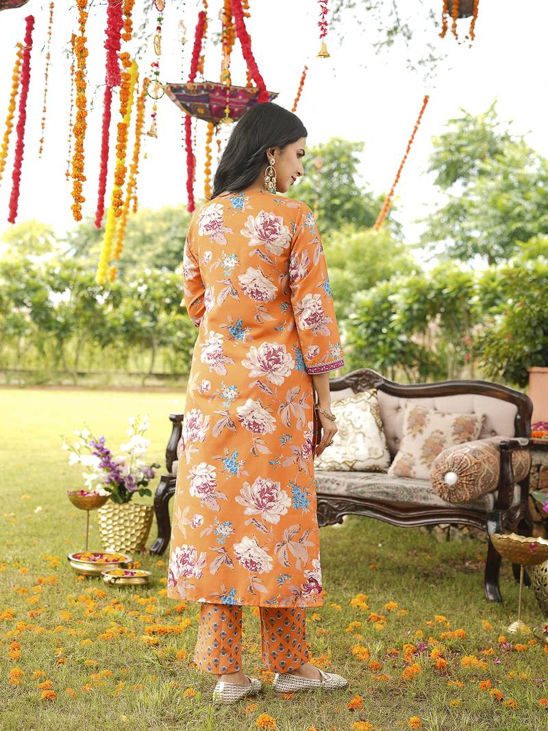 Women orange rayon blend floral printed straight kurta trousers with dupatta