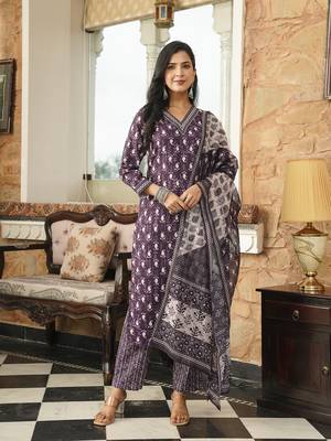 Women purple rayon blend ethnic motifs printed straight kurta trousers with dupatta 3