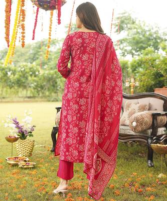 Women red viscose rayon floral embroidered straight kurta trousers with dupatta 4