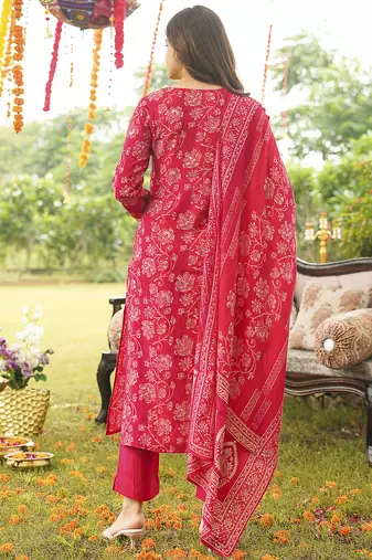Women red viscose rayon floral embroidered straight kurta trousers with dupatta