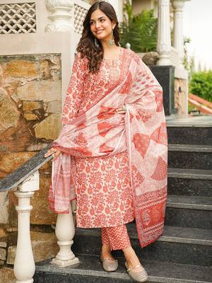 Women orange rayon blend floral printed straight kurta trousers with dupatta 1