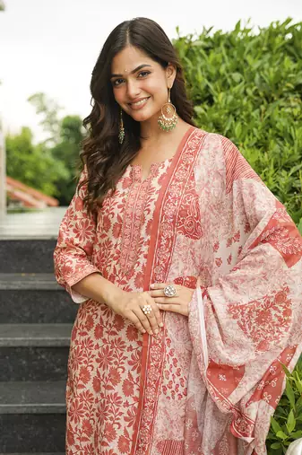 Women orange rayon blend floral printed straight kurta trousers with dupatta