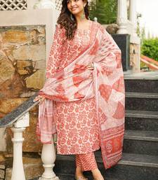 Women orange rayon blend floral printed straight kurta trousers with dupatta