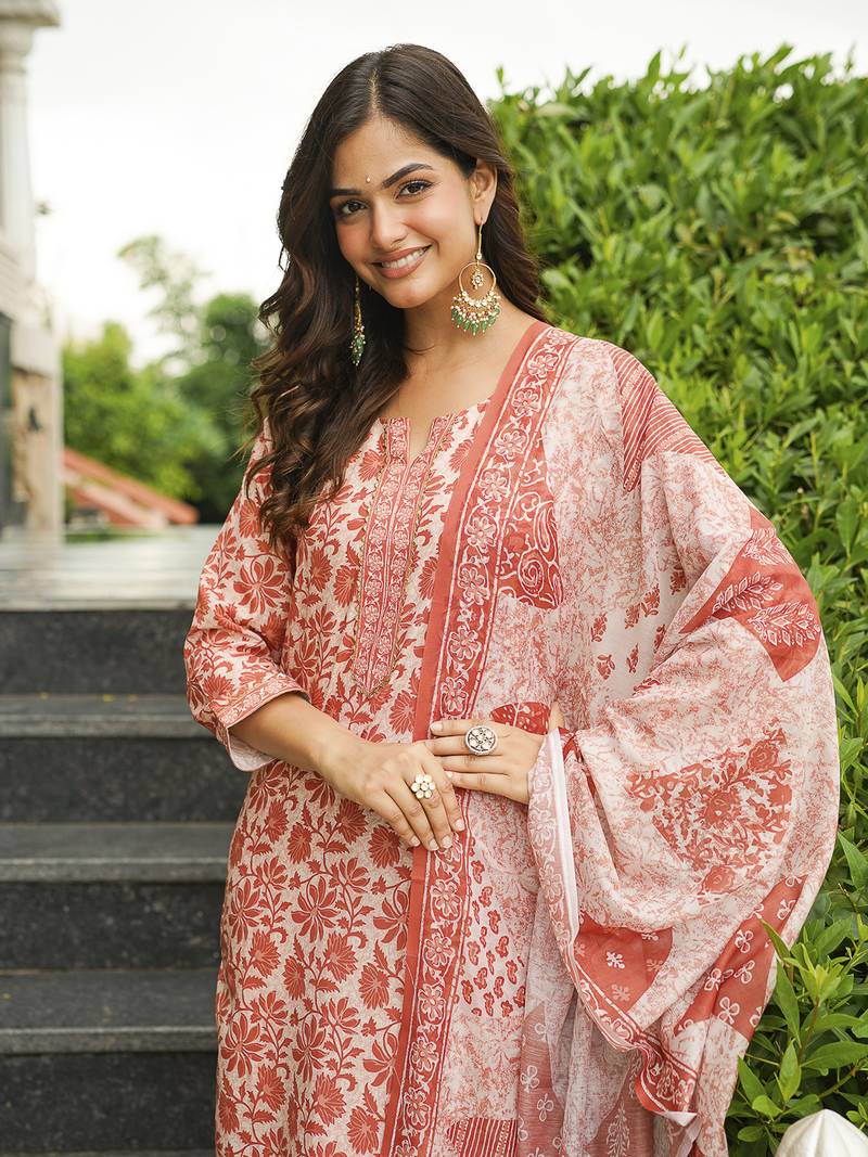 Women orange rayon blend floral printed straight kurta trousers with dupatta