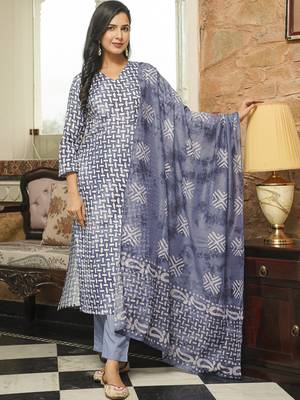 Women blue rayon blend batik printed straight kurta trousers with dupatta 2