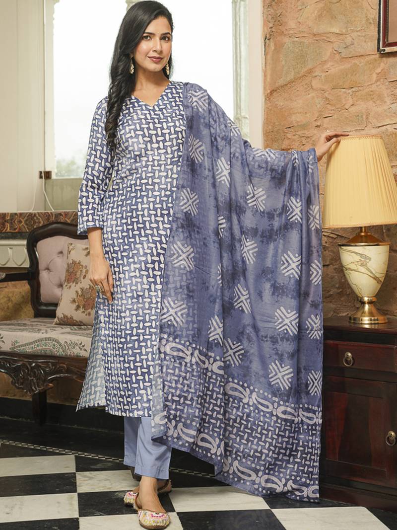 Women blue rayon blend batik printed straight kurta trousers with dupatta
