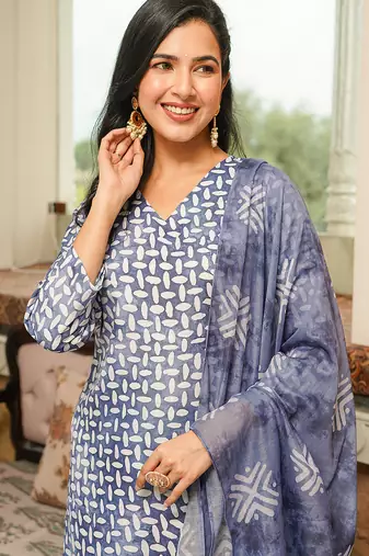 Women blue rayon blend batik printed straight kurta trousers with dupatta
