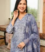 Women blue rayon blend batik printed straight kurta trousers with dupatta