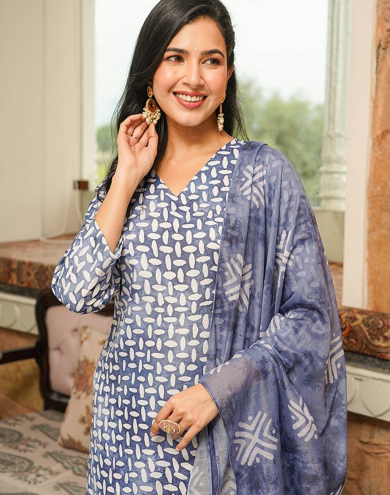 Women blue rayon blend batik printed straight kurta trousers with dupatta