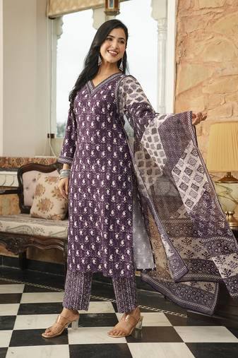 Women purple rayon blend ethnic motifs printed straight kurta trousers with dupatta