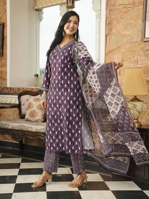 Women purple rayon blend ethnic motifs printed straight kurta trousers with dupatta 1