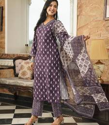 Women purple rayon blend ethnic motifs printed straight kurta trousers with dupatta