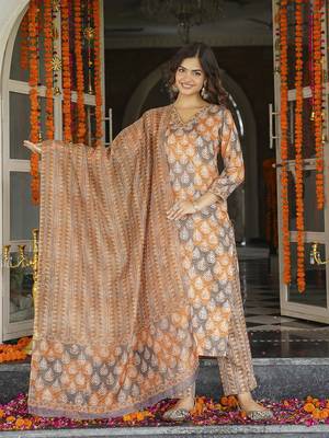 Women multicolor rayon blend ethnic motifs printed straight kurta trousers with dupatta 3