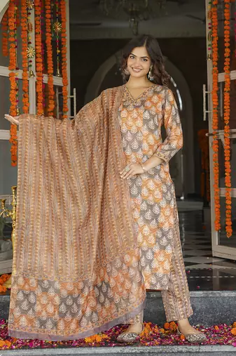 Women multicolor rayon blend ethnic motifs printed straight kurta trousers with dupatta