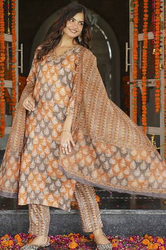 Women multicolor rayon blend ethnic motifs printed straight kurta trousers with dupatta