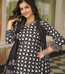 Women black rayon blend geometric printed straight kurta trousers with dupatta